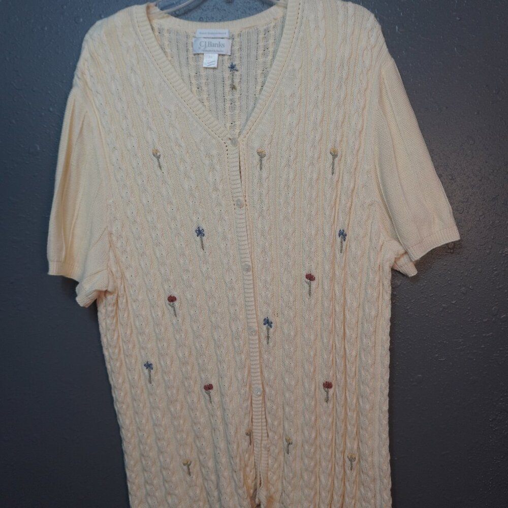 C.J Banks Womens Beige Knit Vintage Floral Embrodiered Short Sleeve Sweater 3XL